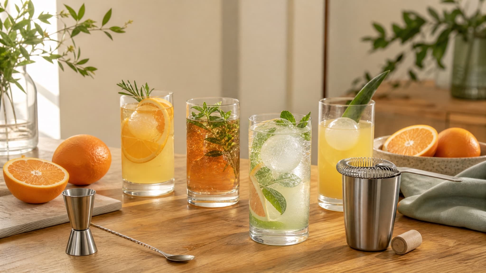 Bright hosting table with clear glasses, citrus sparkling water and stainless tools