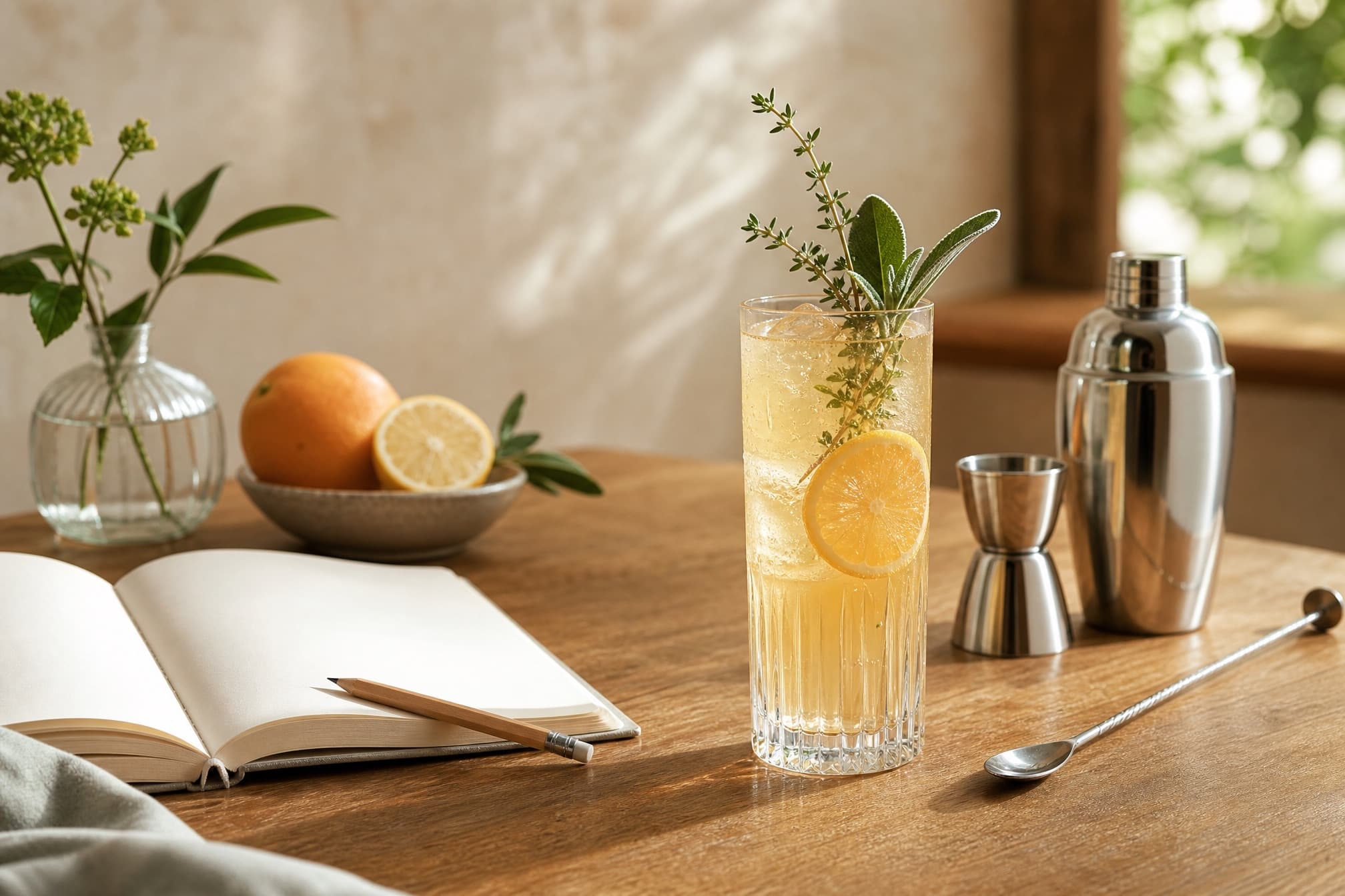A citrus and botanical drink beside a recipe notebook and mixing tools