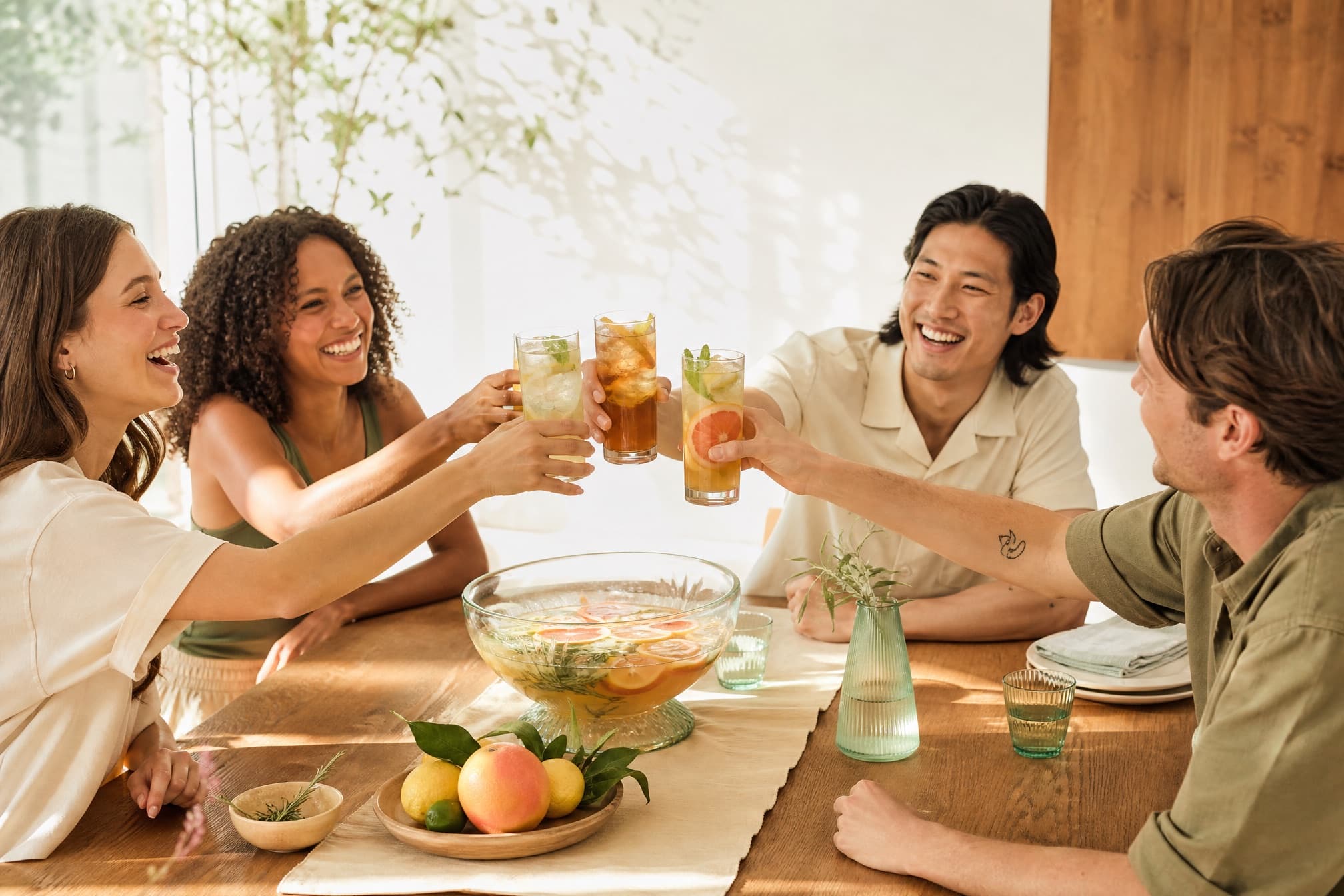 Friends sharing sparkling citrus and tea drinks around a bright dining table