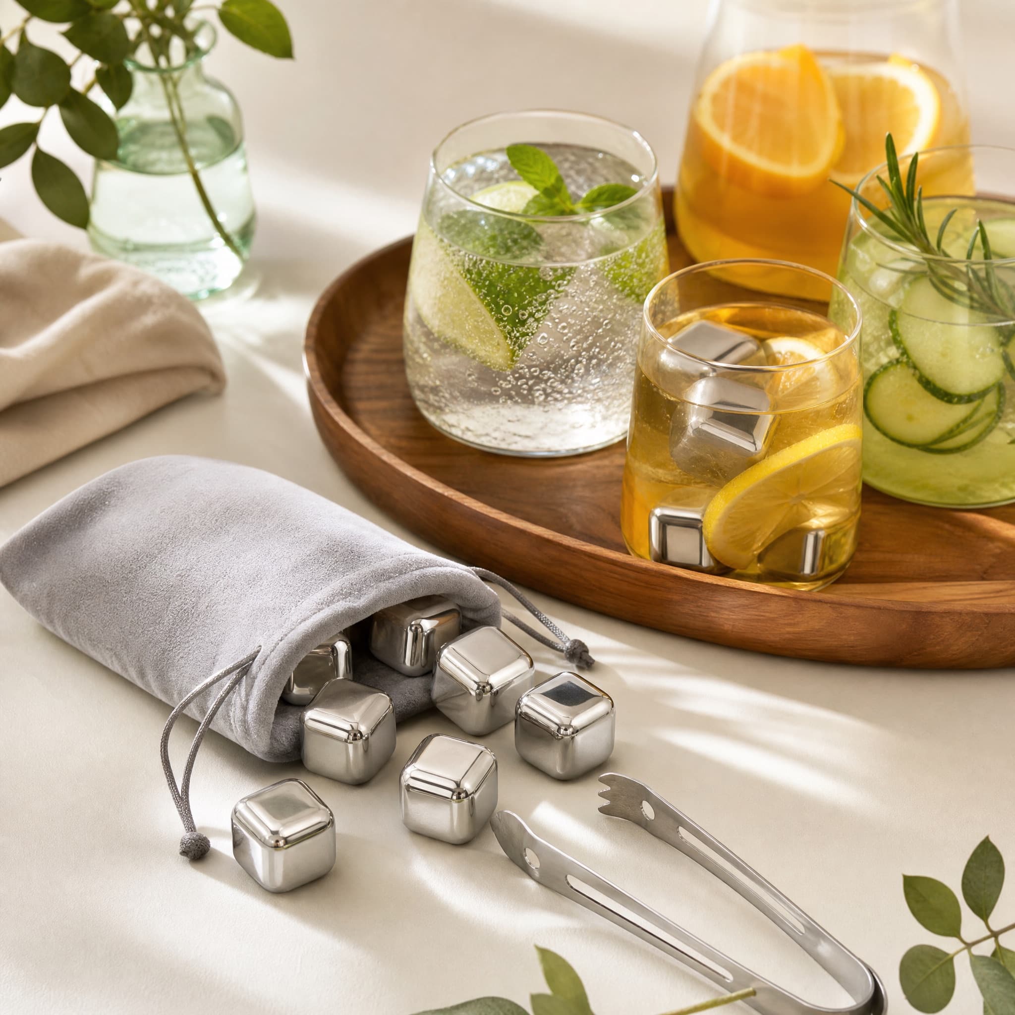 Stainless Chill Stones Set arranged on a warm cream surface
