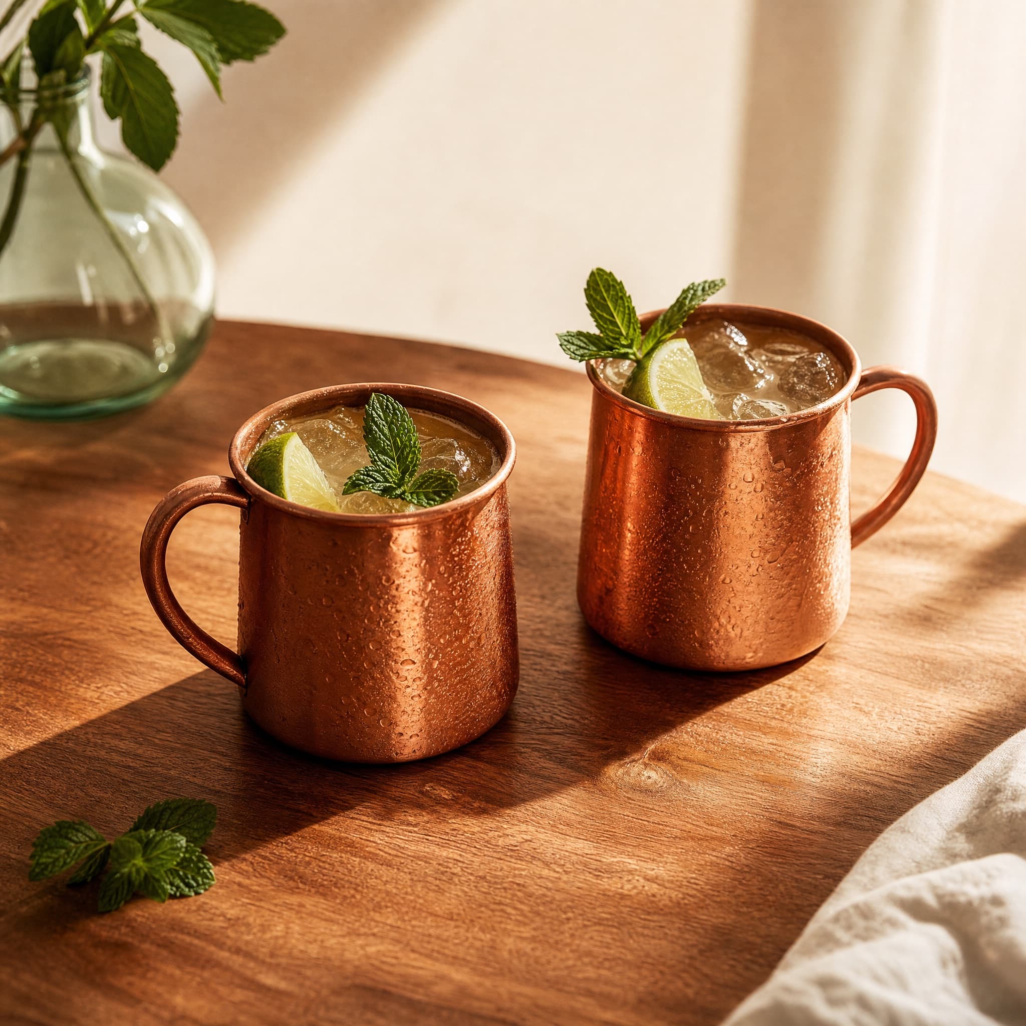 Copper Hosting Mug Duo arranged on a warm cream surface