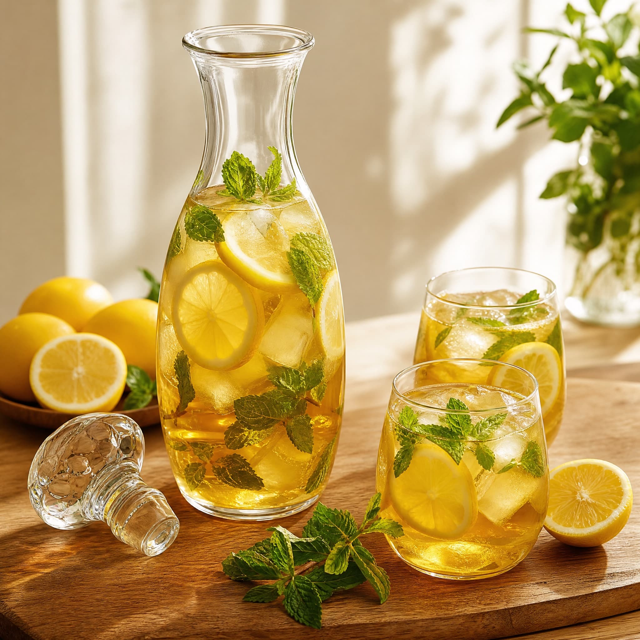 Crystal-Clear Decanter & Tumbler Set arranged on a warm cream surface