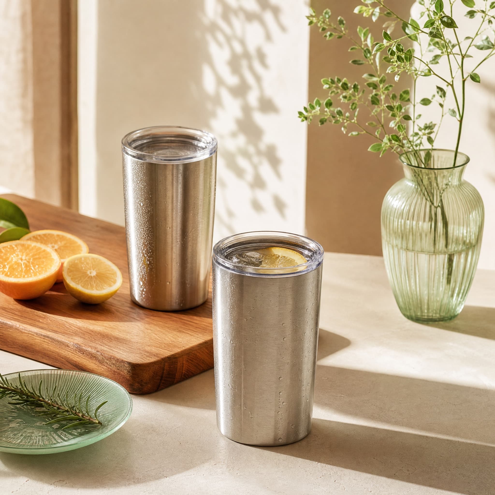 Insulated Tumbler Pair arranged on a warm cream surface