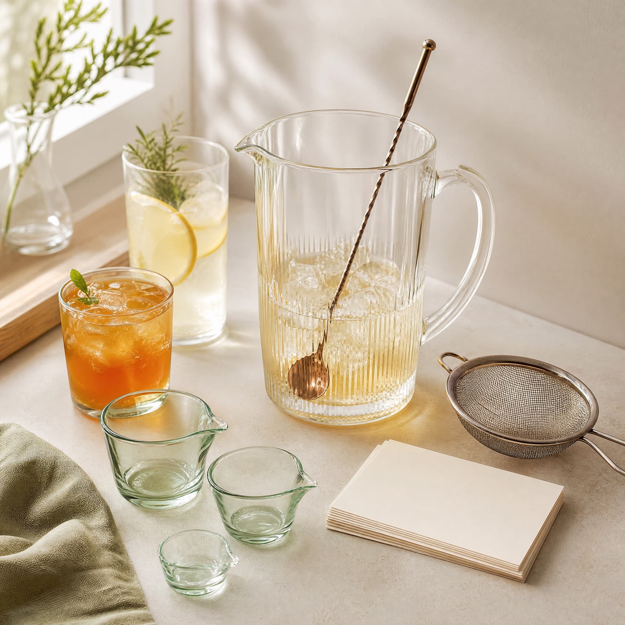 The Mocktail Master Set arranged on a warm cream surface