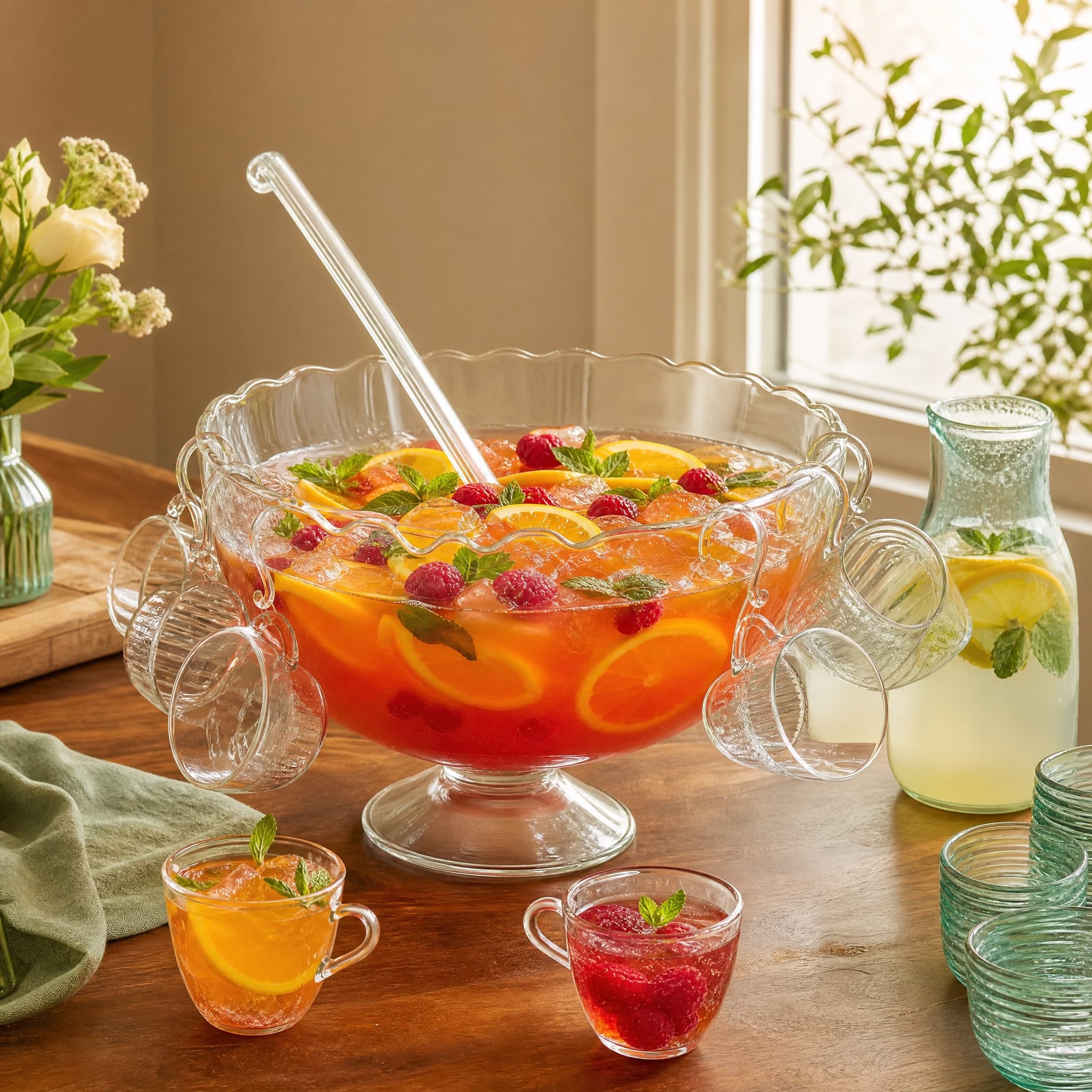 Party Punch Bowl Set arranged on a warm cream surface