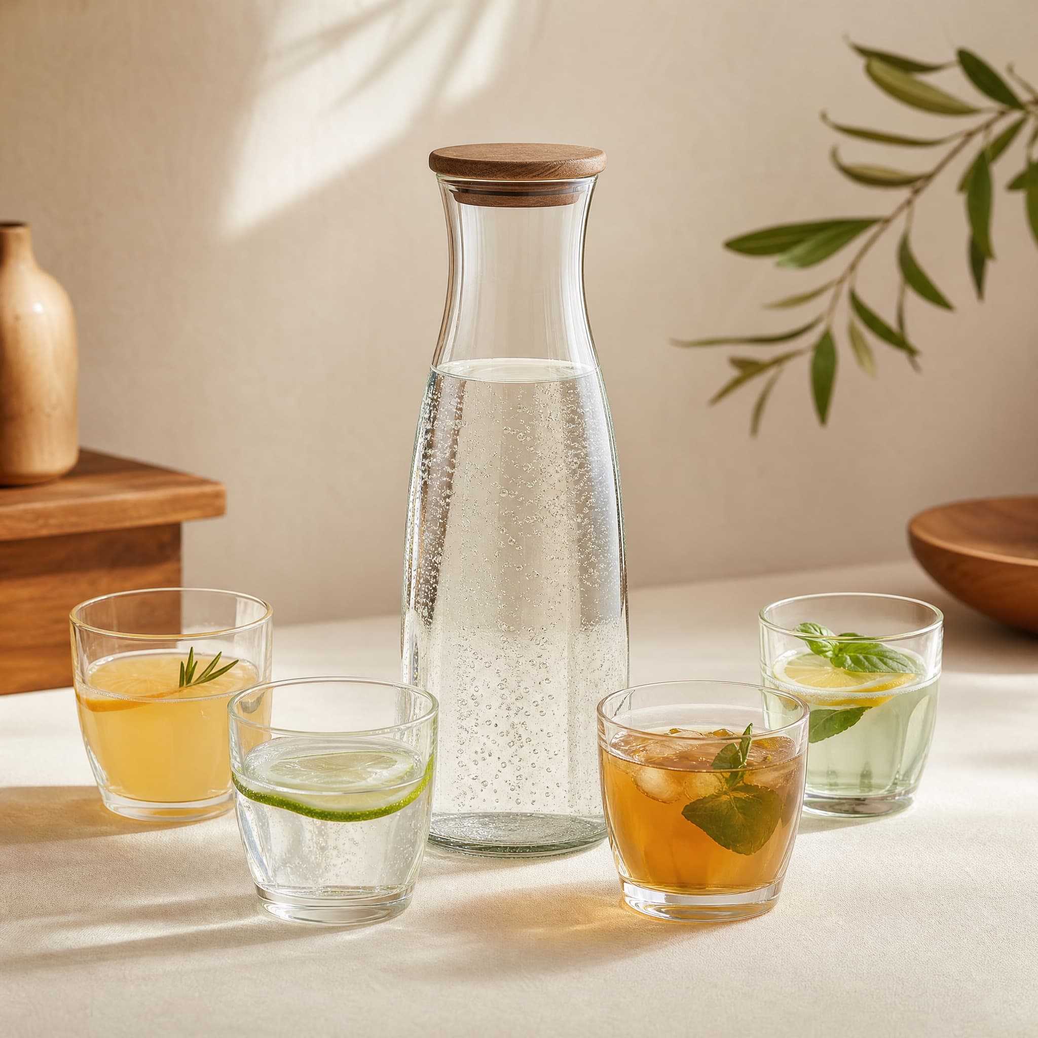 Sparkling Water Carafe Set arranged on a warm cream surface